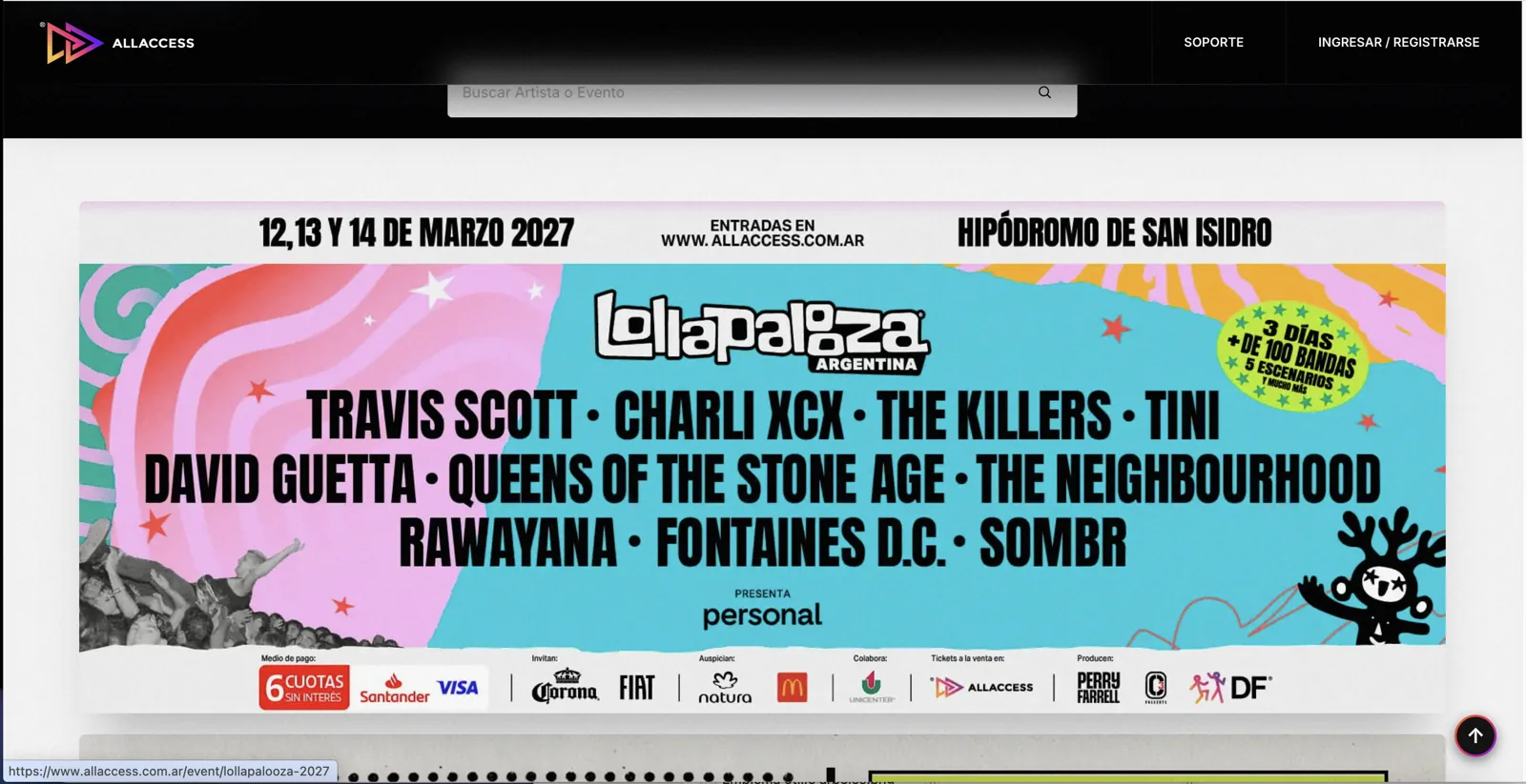 Website screenshot of All Access — Entertainment & events