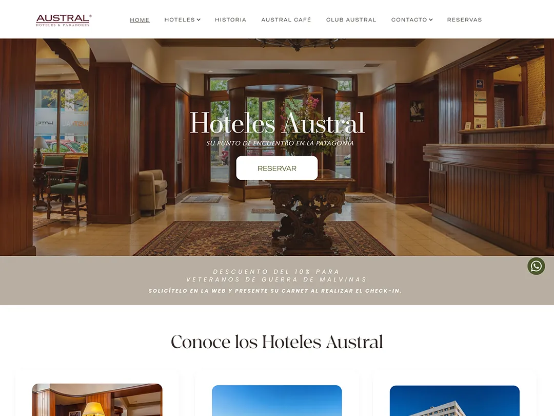 Captura del sitio web de Austral Hotel (Hotelería y convenciones), proyecto de BUUUM agencia digital en Buenos Aires