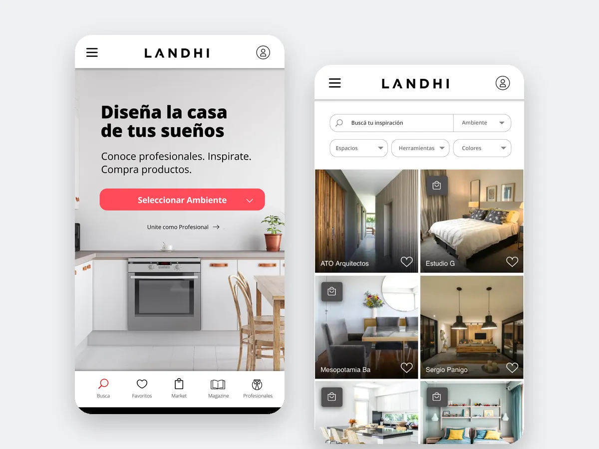 Captura del sitio web de Landhi (Plataforma de diseño de interiores), proyecto de BUUUM agencia digital en Buenos Aires