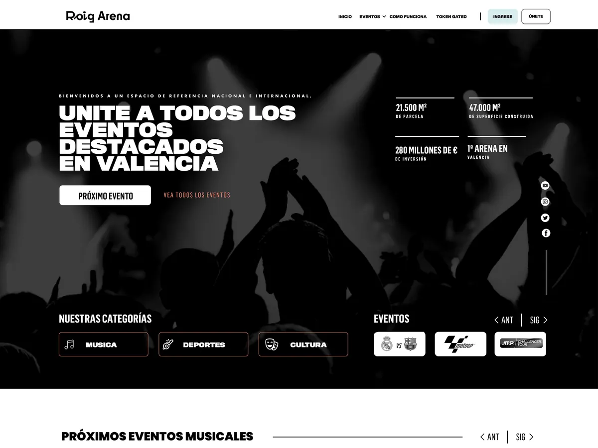 Captura del sitio web de Roig Arena (Arena y entretenimiento), proyecto de BUUUM agencia digital en Buenos Aires
